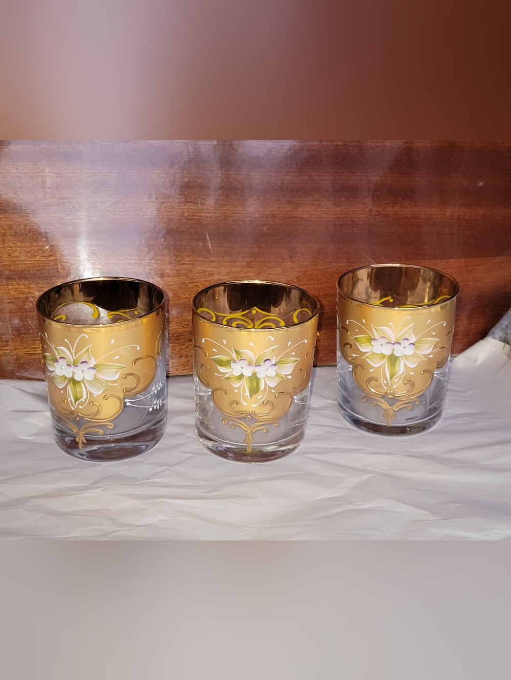 Set Of 3 Murano Venezia Gold Floral Hand-Painted Glasses